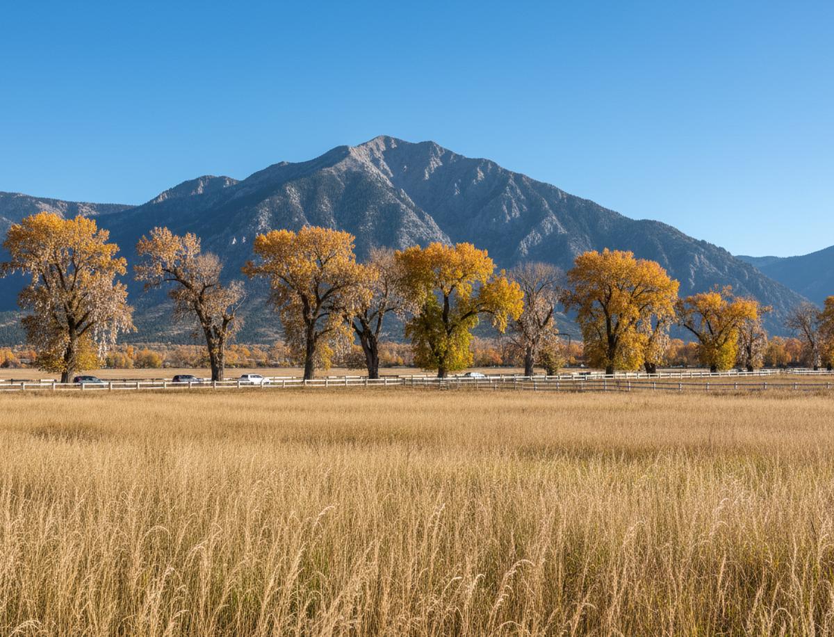 Tall golden grass in a Holladay pasture, a white board fence and a row of huge old cottonwoods in autumn color, a steep grey rock peak rising behind under a clear sky