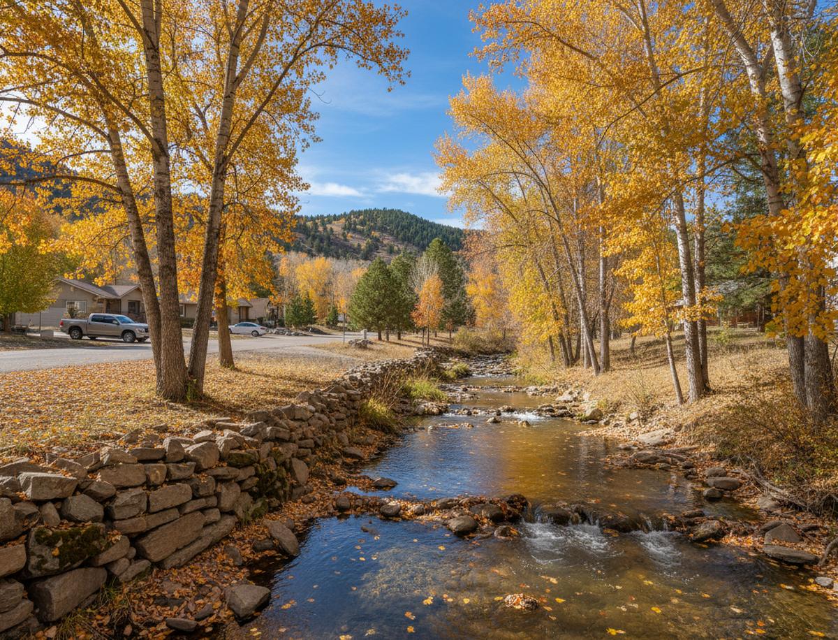 A small creek running over rocks beside a dry-stone wall in Millcreek, yellow cottonwoods overhead, a curving street with houses and a parked pickup on the left