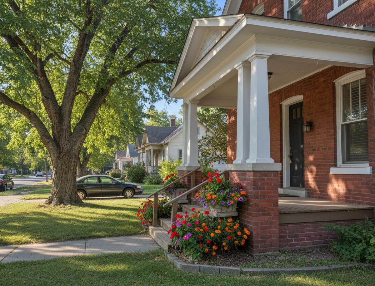 The front porch of a red brick house in Murray with white columns and flower boxes full of red and orange blooms, a large shade tree on the lawn and a dark sedan parked by the curb
