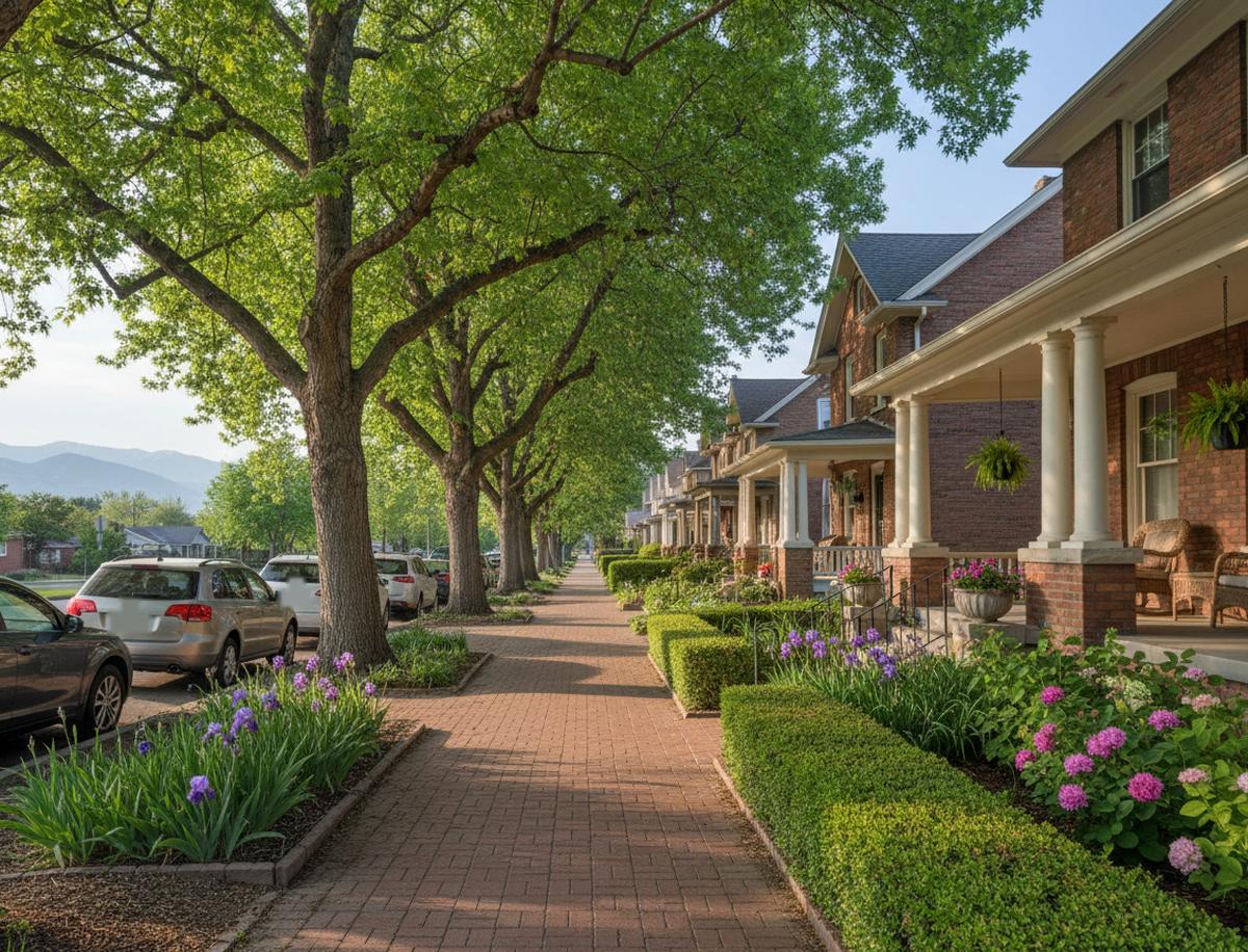 A brick sidewalk under tall sycamores beside the columned porches of brick bungalows near 9th and 9th, irises and hedges in bloom, cars parked along the curb on the left