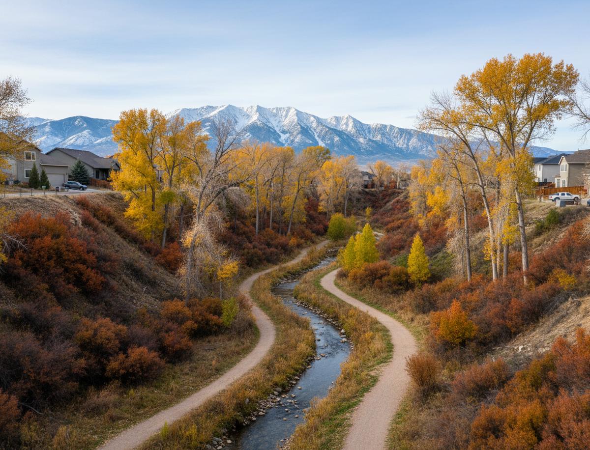 A ravine park in Sandy seen from above, a gravel path winding beside a creek through cottonwoods and red autumn brush, houses on the rim and snowy mountains on the horizon