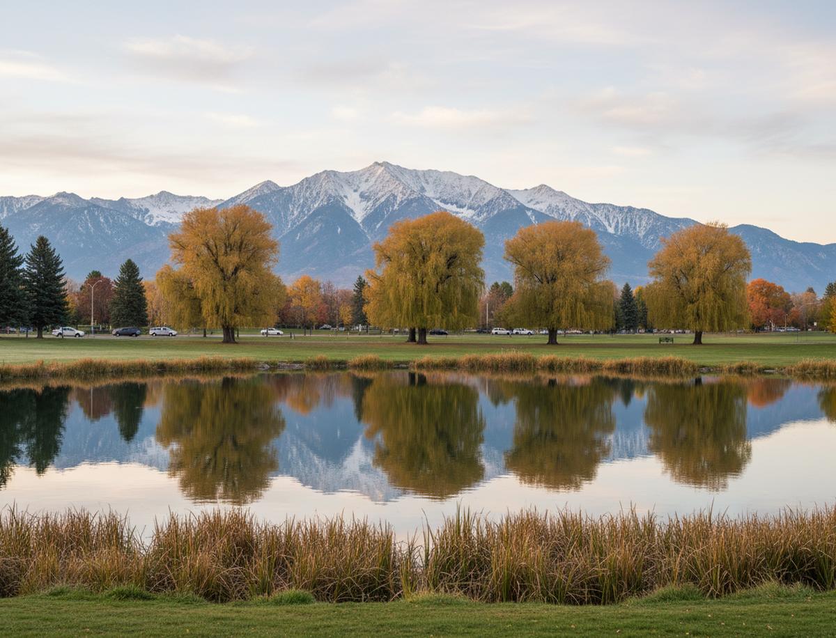 A still park pond in Sugar House reflecting a row of yellow willows, cattails at the near edge and snow-capped mountains behind, cars parked far off along the park road
