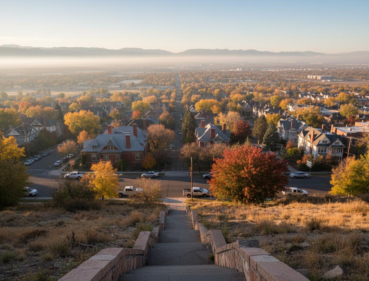 View from the top of an old stone stairway in the Avenues, down over Victorian rooftops, chimneys and autumn trees to a street with parked pickups and the hazy valley beyond