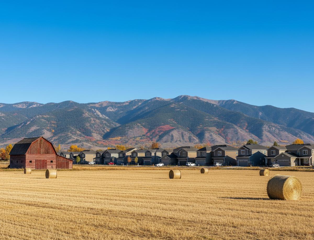 A cut hay field with round bales and an old red barn at the western edge of West Jordan, a row of new two-storey houses along the field and the Oquirrh Mountains behind