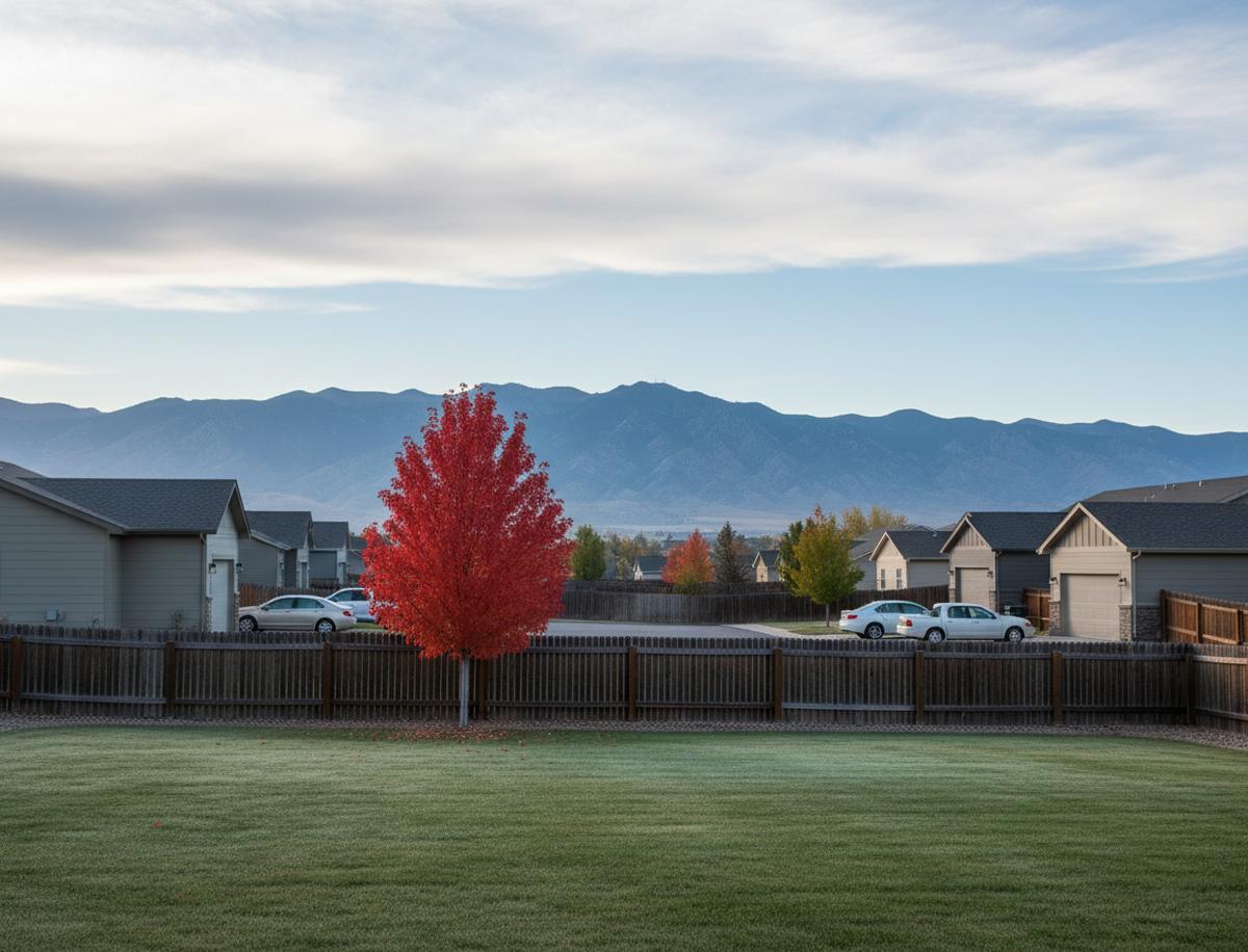 A mown backyard lawn in West Valley City with a young maple in bright red leaf, a wooden fence, neighboring houses and garages, and the long Oquirrh ridge beyond